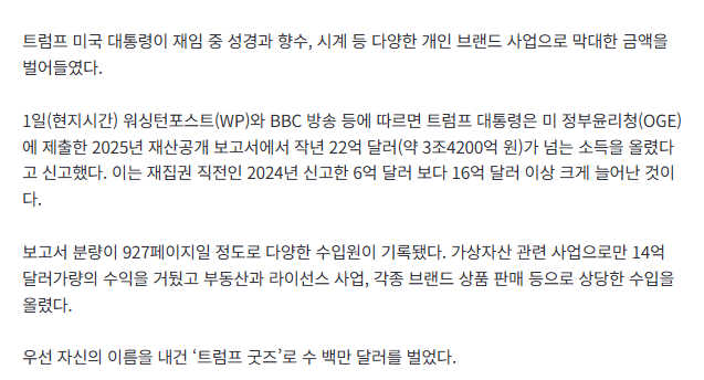 [속보]트럼프, '美 대통령' 브랜드로 3조4200억 원 벌어들여… 대통령직 사적 이익수단 이용 논란 2
