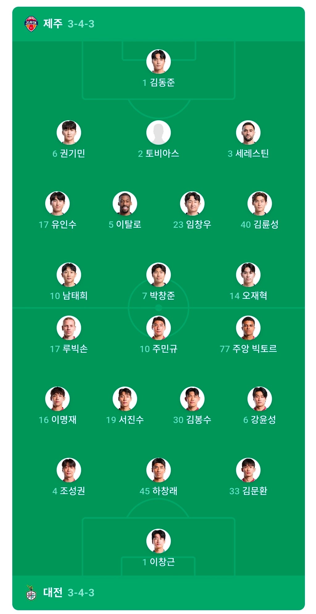 프론트맨 경기 제주 대전 라인업