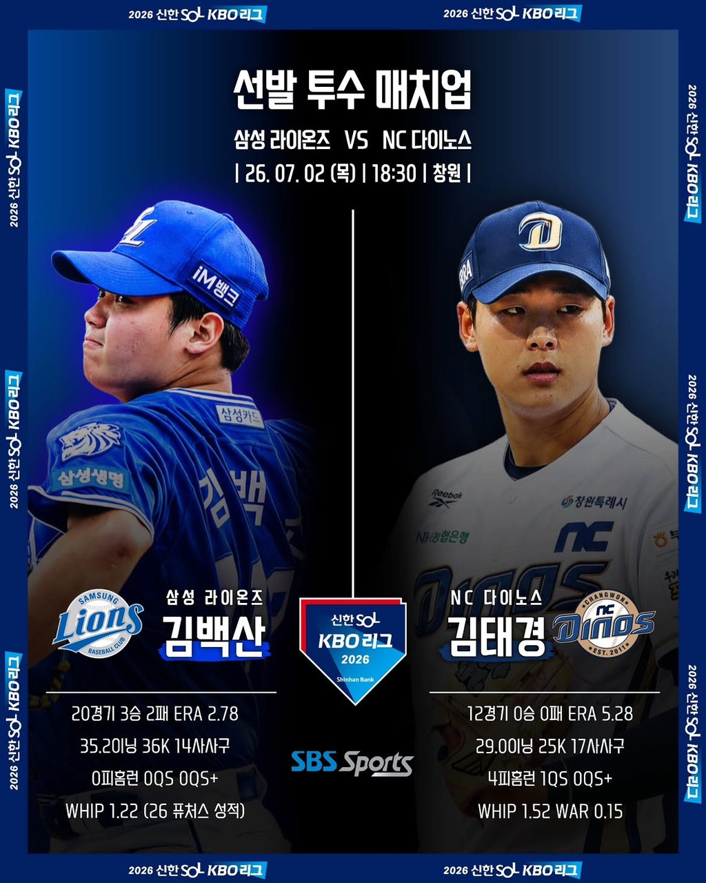 07/02 18:30 경기 KBO #연장포함# NC다이노스 (+0.5) vs 삼성라이온즈 2