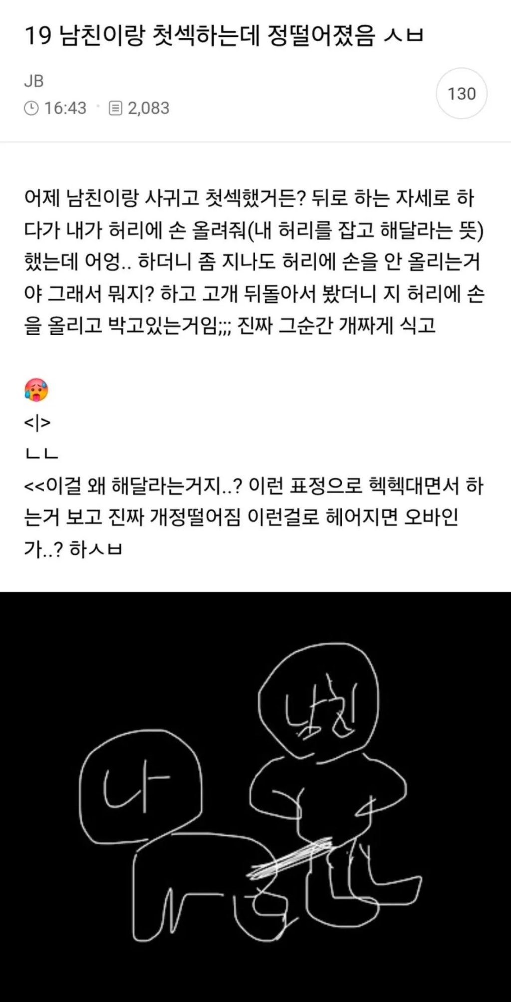 첫 관계 후 남친한테 정 떨어졌다는 여성