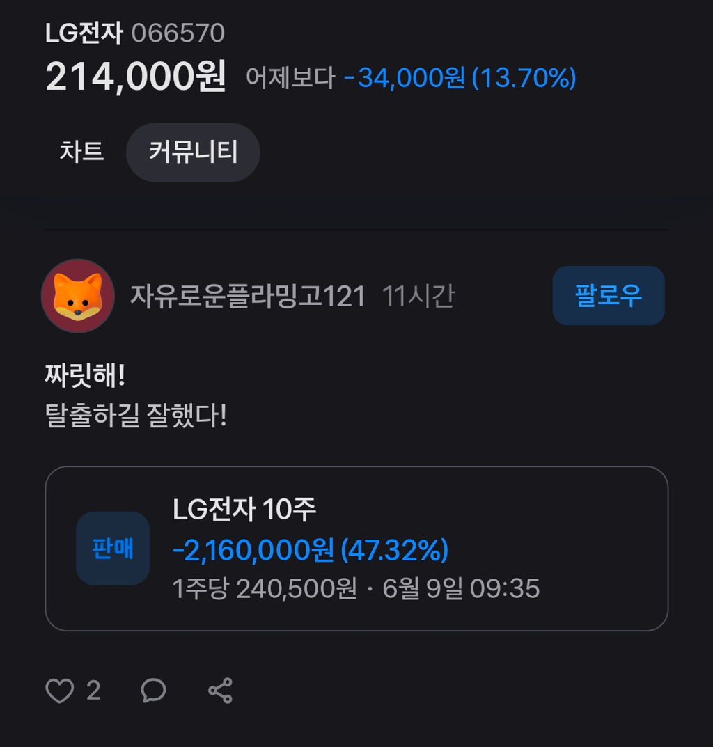 현재 난리난 LG전자 주가 폭락 커뮤반응들 1