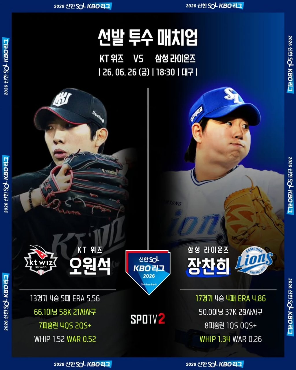 06/26 18:30 경기 KBO #연장포함# 삼성라이온즈 (+0.5) vs KT위즈 2