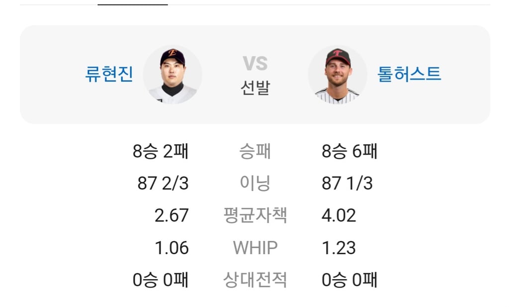 한화 vs 엘지 선발