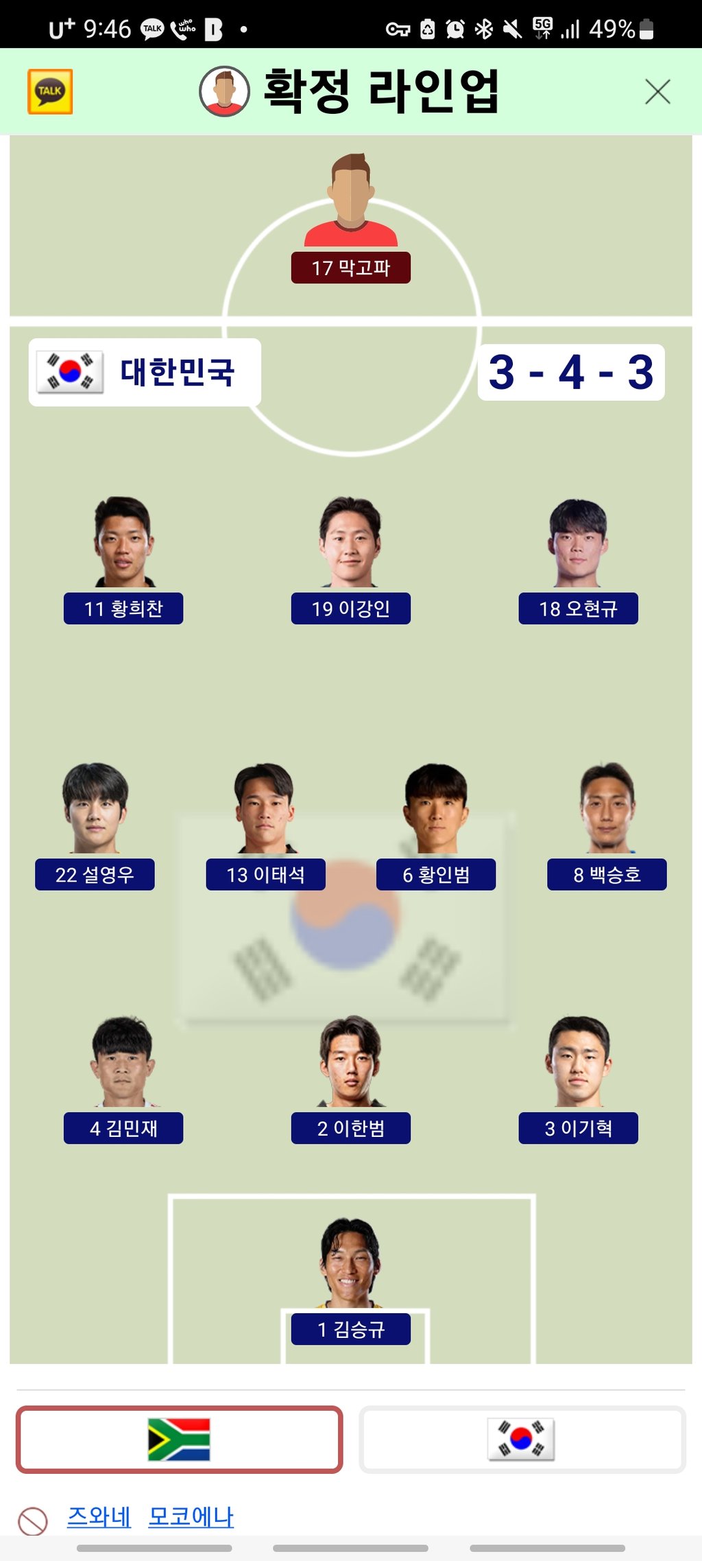 대한민국 라인업 이거맞음?