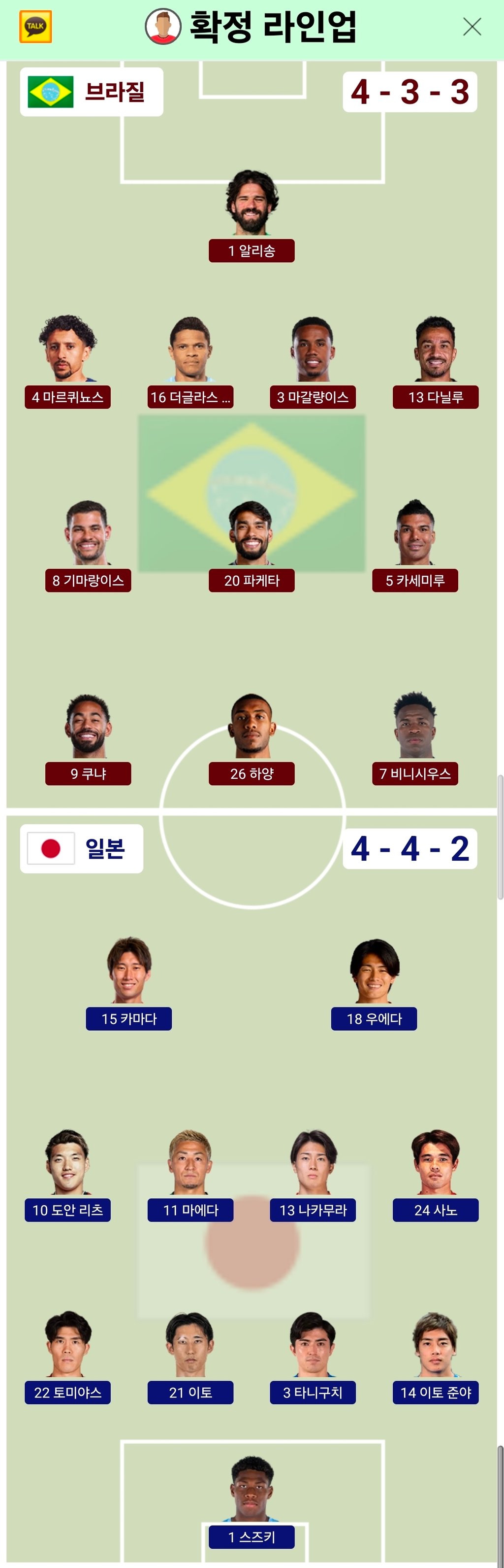일본 브라질 라인업