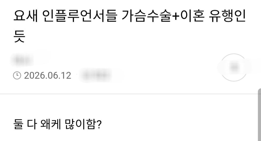 요새 여자인플루언서들 이혼+가슴수술 유행인 듯 1