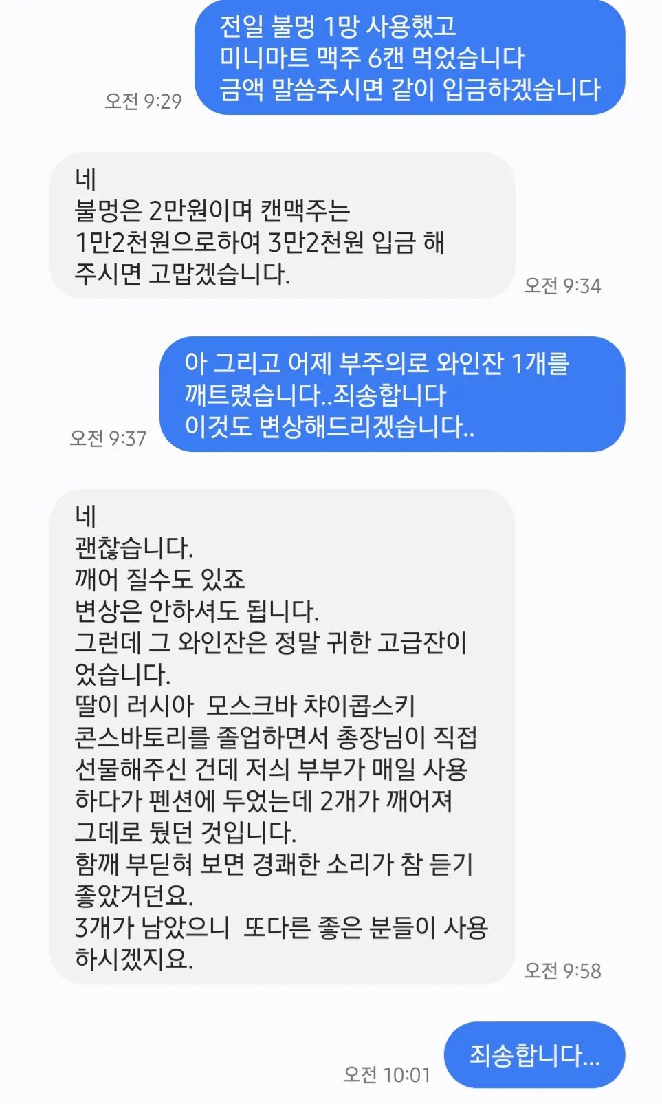 에어비앤비에서 와인잔깨트리고 받은 문자