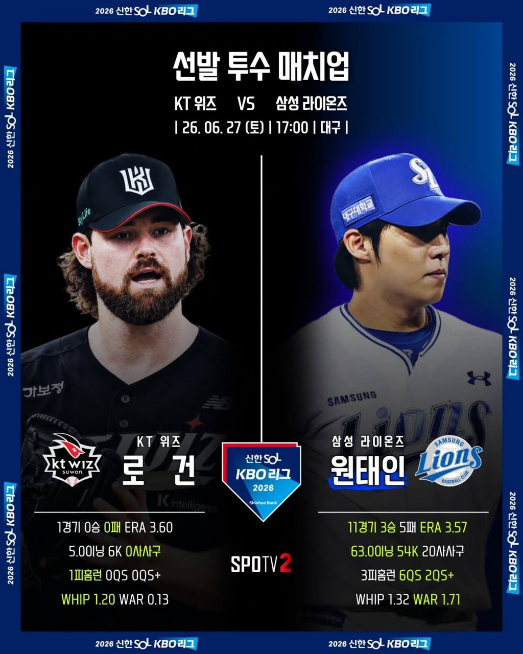 06/27 17:00 경기 KBO #연장포함# 삼성라이온즈 (-0.5) vs KT위즈 2