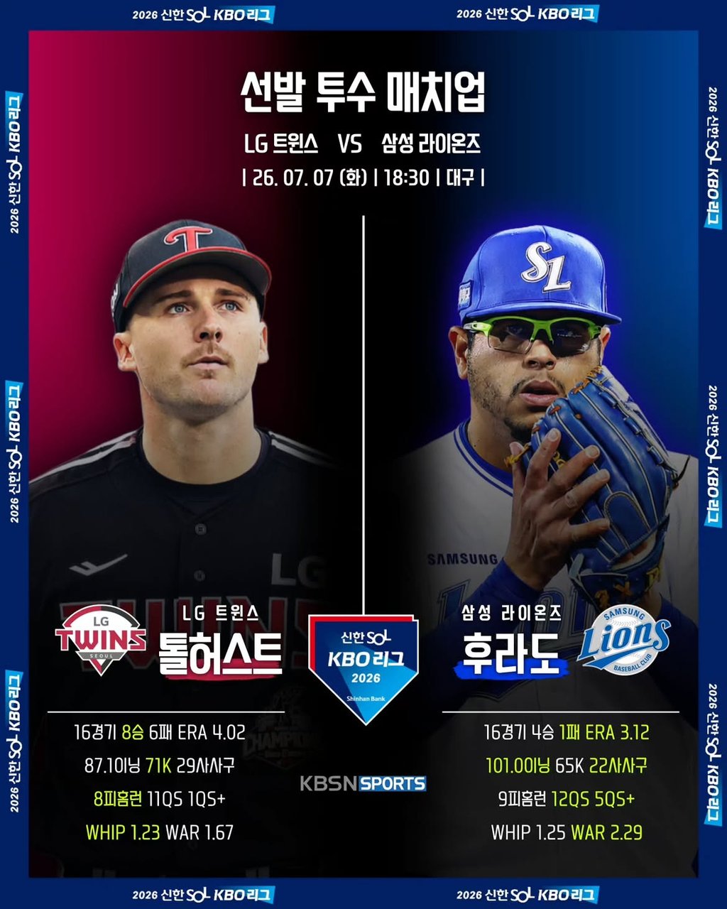 07/07 18:30 경기 KBO #연장포함# 삼성라이온즈 (-0.5) vs LG트윈스 2