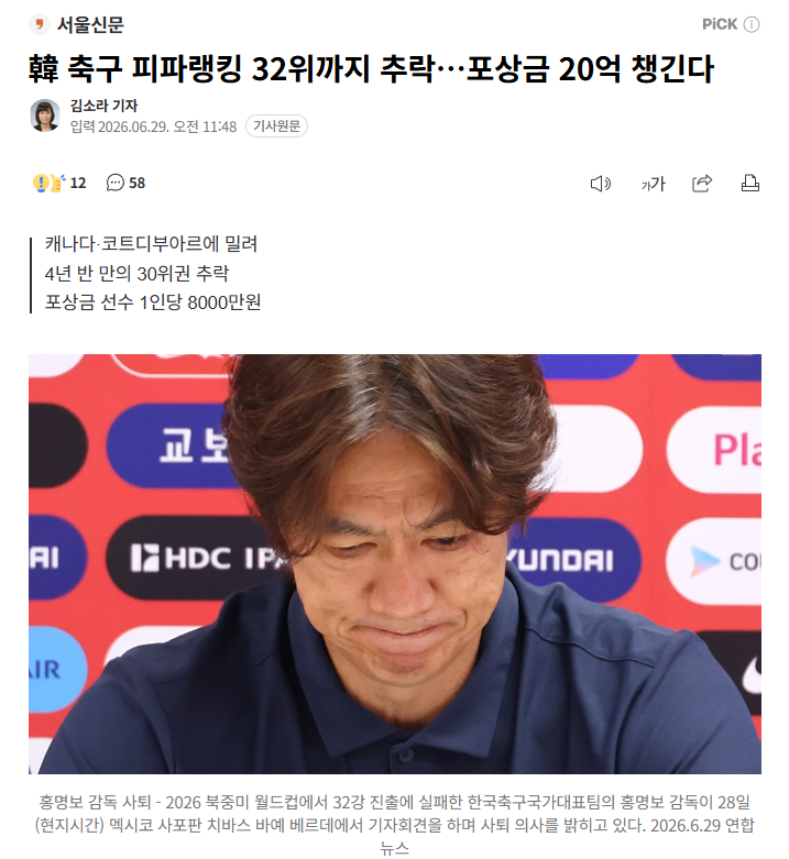 韓 축구 피파랭킹 32위까지 추락…포상금 20억 챙긴다 1