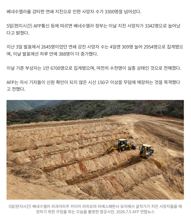 “사망자 3300명 넘어…시신 수백구 신원 확인 안 된 채 매장” 베네수엘라 연쇄 강진 피해 ‘눈덩이’ 2