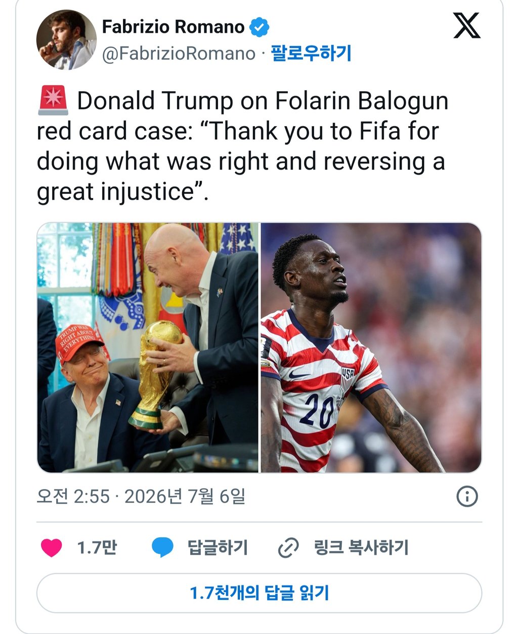 트럼프: "발로건 레드카드 취소 해주셔서 감사합니다"