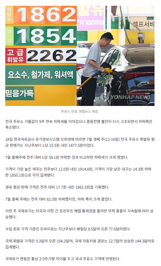 주유소 기름값 9주째 하락…중동 재긴장속 하락폭은 축소