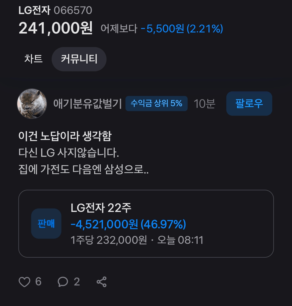 현재 난리난 LG전자 주가 폭락 커뮤반응들 7