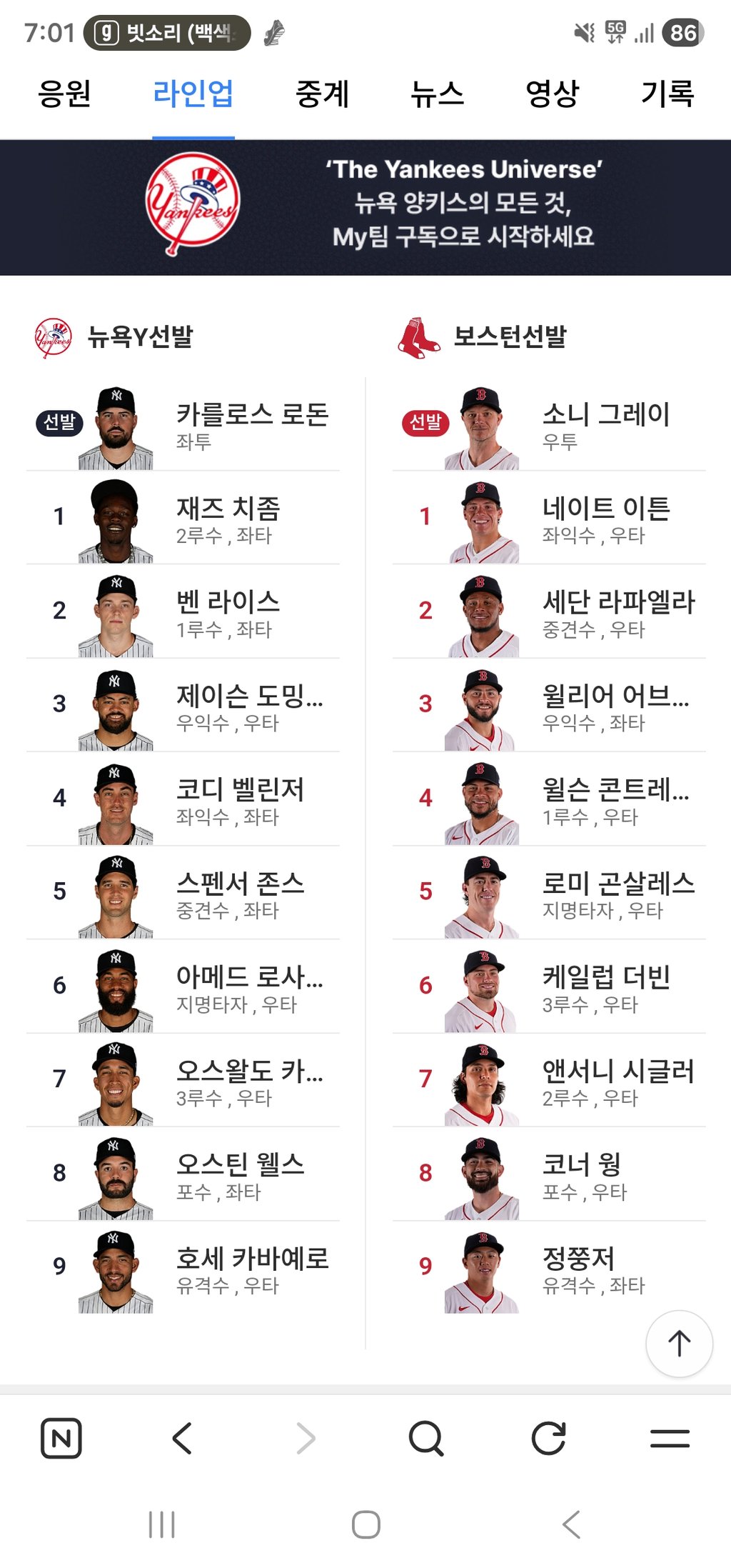 양키 보스턴 라인업