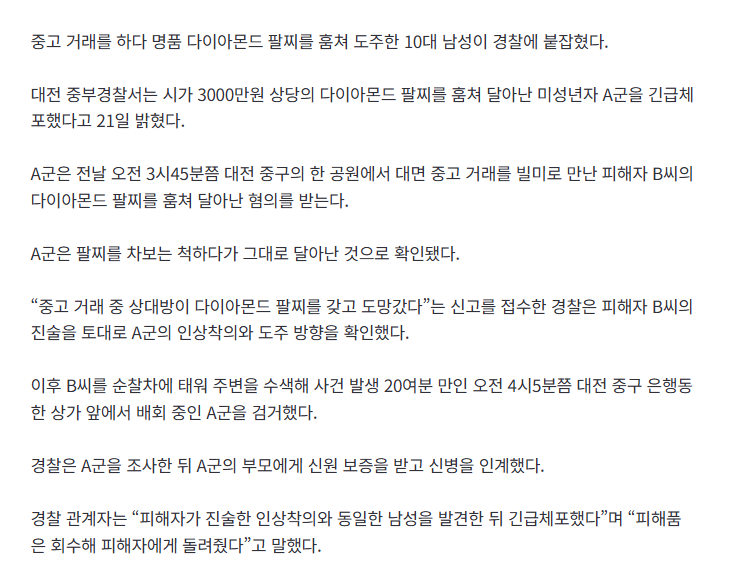 [단독] 3천만짜리 ‘다이아 팔찌’ 훔쳐 달아난 10대 체포