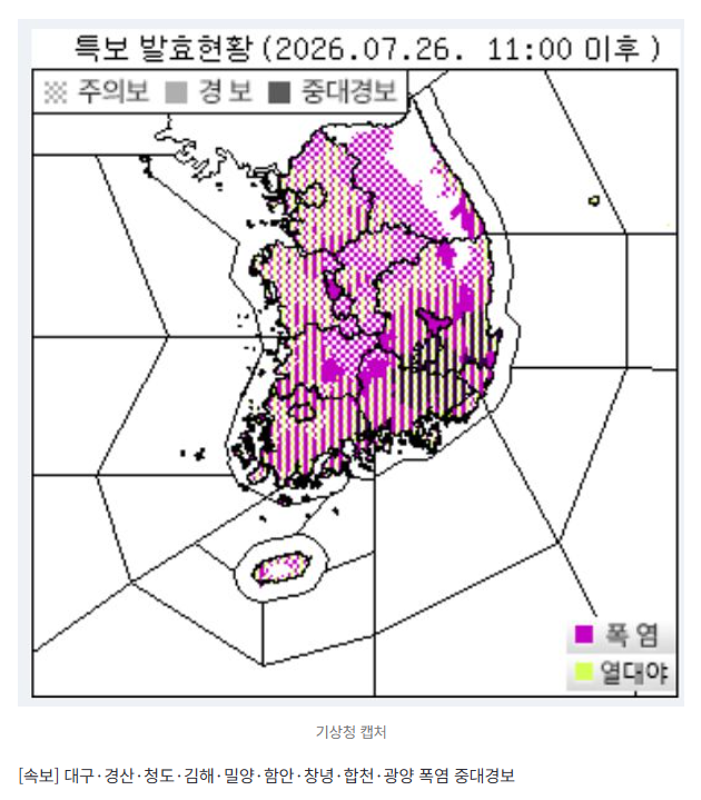 [속보] 대구·경산·청도·김해·밀양·창녕·합천·광양 폭염 중대경보