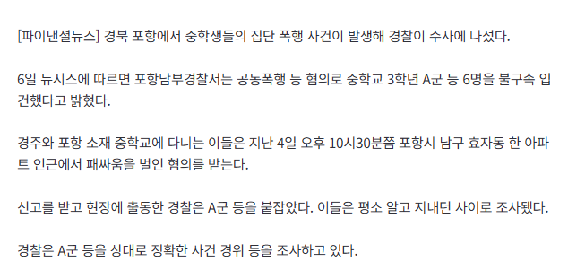 "학생들이 패싸움"...포항 중학생들 한밤 중 '집단 난투극', 6명 입건 2