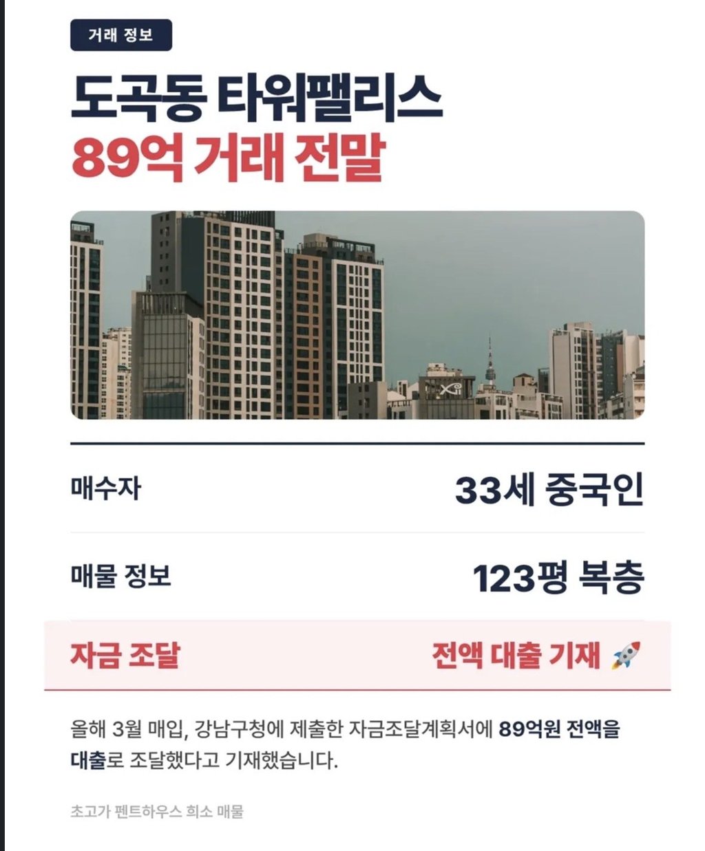 33세 중국인 강남 89억 타워팰리스 전액 대출로 매입 2