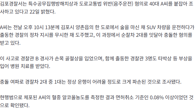 김포 만취 도주극 ㄷㄷ 순찰차 2대 파손·경찰 4명 부상 2