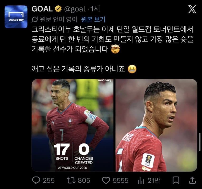 오늘자 호날두가 세운 대기록