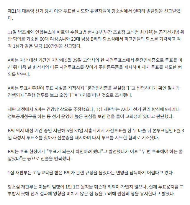 “두번 투표해야 하는 줄” 이중투표 시도한 유권자들…항소심도 벌금형 2