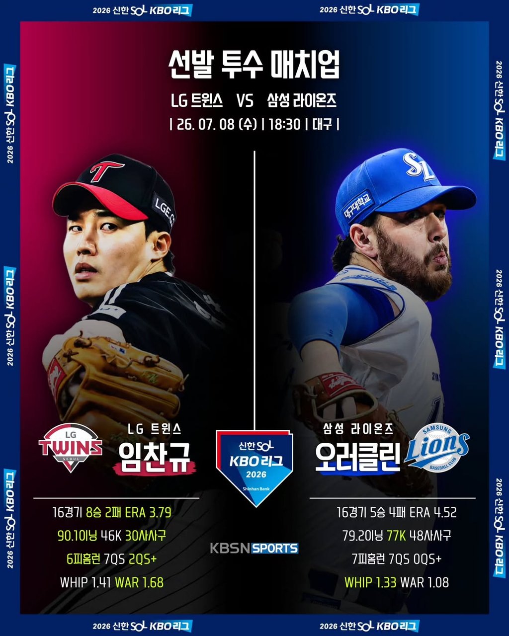 07/08 18:30 경기 KBO #연장포함# 삼성라이온즈 (+0.5) vs LG트윈스 2