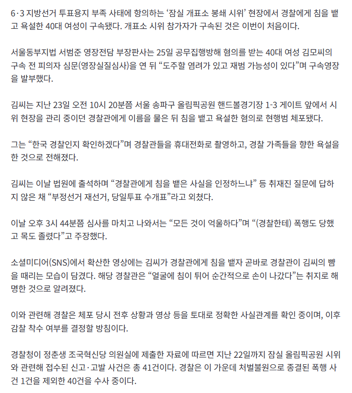 경찰에 침 뱉은 ‘잠실 시위’ 40대女 “나도 목 졸렸다, 억울하다”…법원 “구속” 2