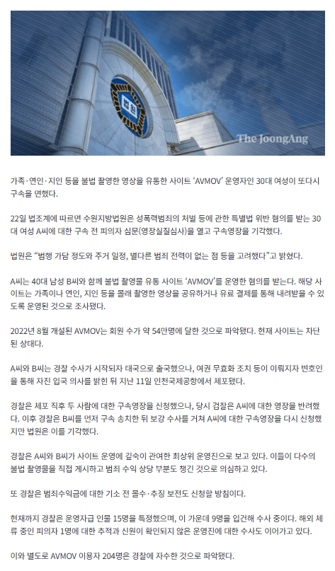 ‘54만’ 몰카 사이트 ‘AVMOV’ 30대 女운영자, 또 구속 면했다…왜 2