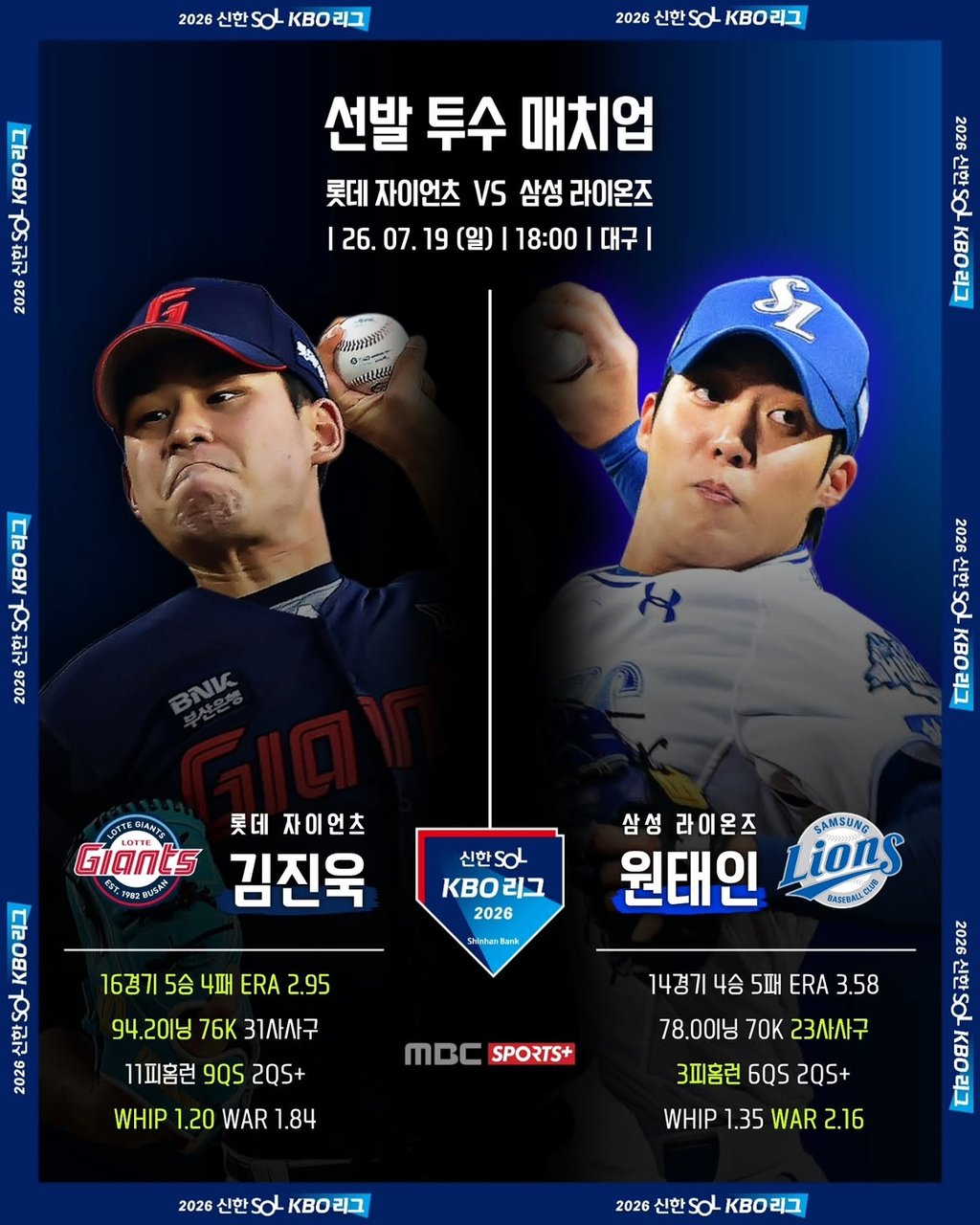 7/19 18:00 경기 KBO #연장포함# 삼성라이온즈 (-2.5) vs 롯데자이언츠 2