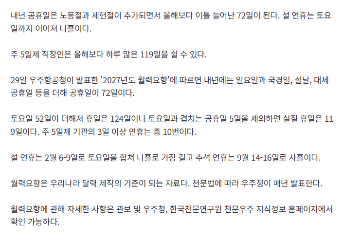내년 공휴일 노동절·제헌절 추가된 72일…설 연휴는 나흘 쉰다