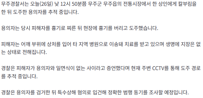 [속보] 무주 전통시장 칼부림 사건…용의자 도주 2