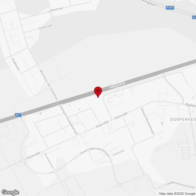 Grijstinten kaart met wegen en straatnamen, rode locatiepen op Ringlaan nabij Balendijk