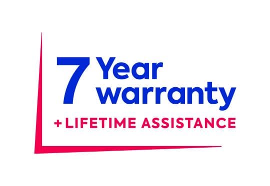 Promotionele afbeelding met tekst '7 jaar garantie + levenslange assistentie' in blauw en rood