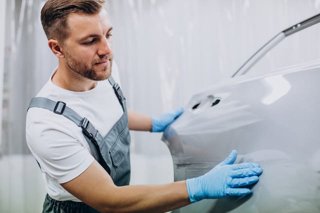 Man met blauwe handschoenen controleert en gladstrijkt een zilveren autodeur