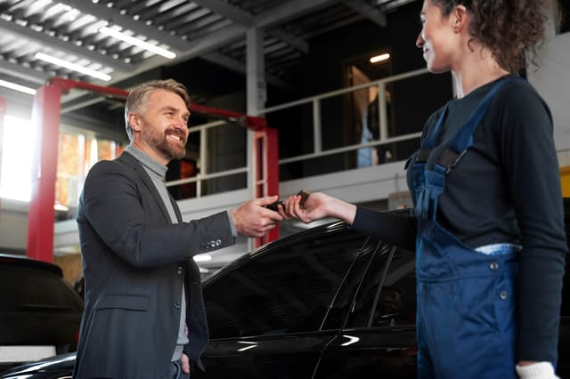 Een man in een pak ontvangt met een glimlach autosleutels van een vrouw in een blauw overall in een autogarage.