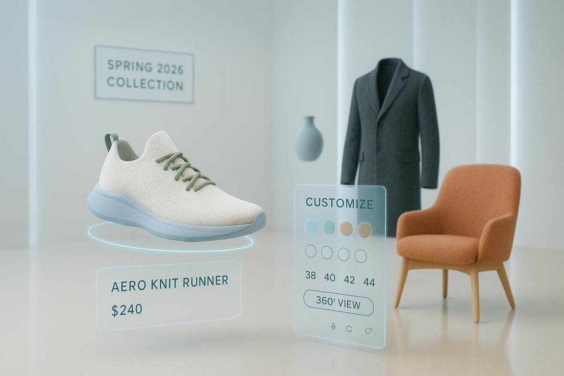 Floating 3D lifestyle products and apparel appear in an airy virtual retail showroom with interactive customization controls.