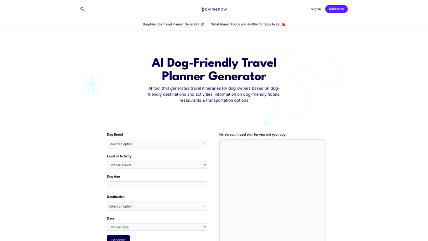 AI Dog-Friendly Travel Planner Generator | Pawmenow