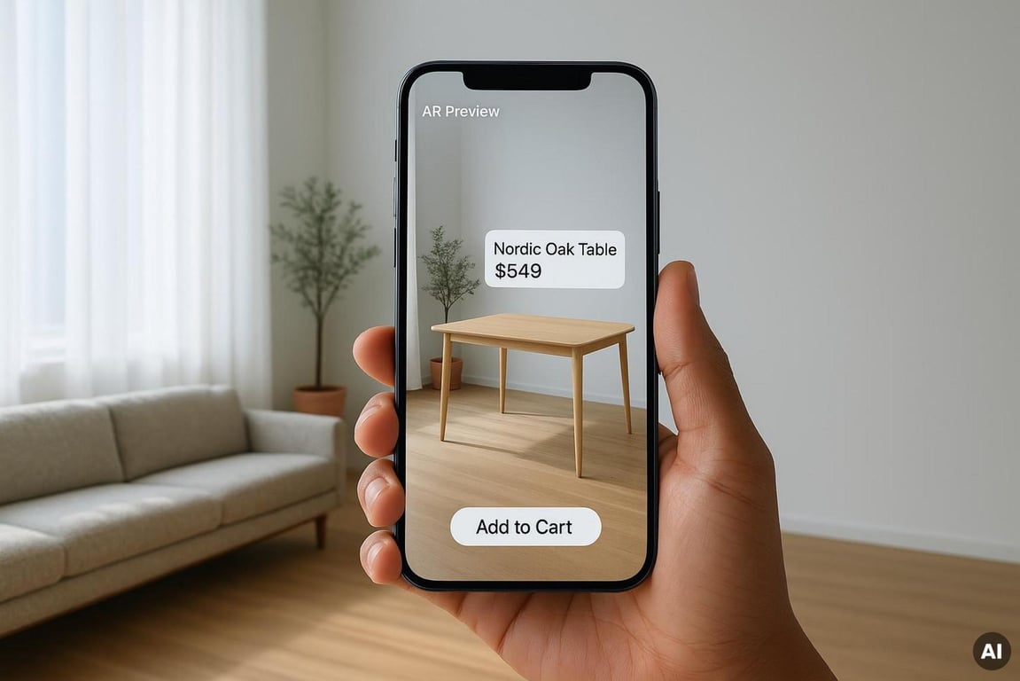 A smartphone displays a life-size 3D dining table preview projected onto a sunlit living room floor.