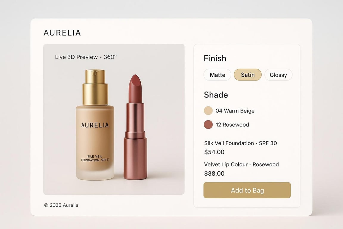 Luxury beauty cosmetics displayed in a 3D product configuration interface with customizable matte, satin, and glossy finishes.