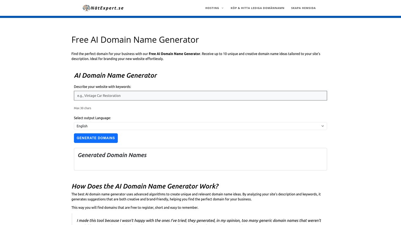 Free AI Domain Name Generator - nätexpert.se