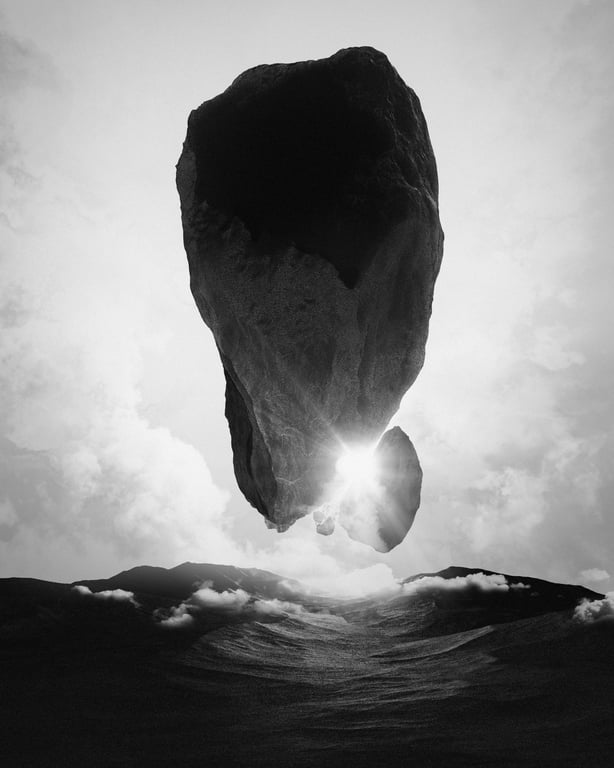 Floating rocks with sky background, sun peeks through between the rocks