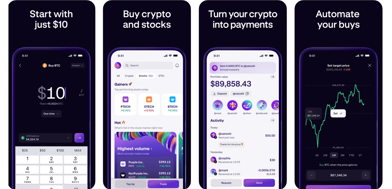 Four mobile screens of the Kraken app displaying instant crypto purchase, buy cypto and stock, crypto payments, and price graph for easy crypto investing