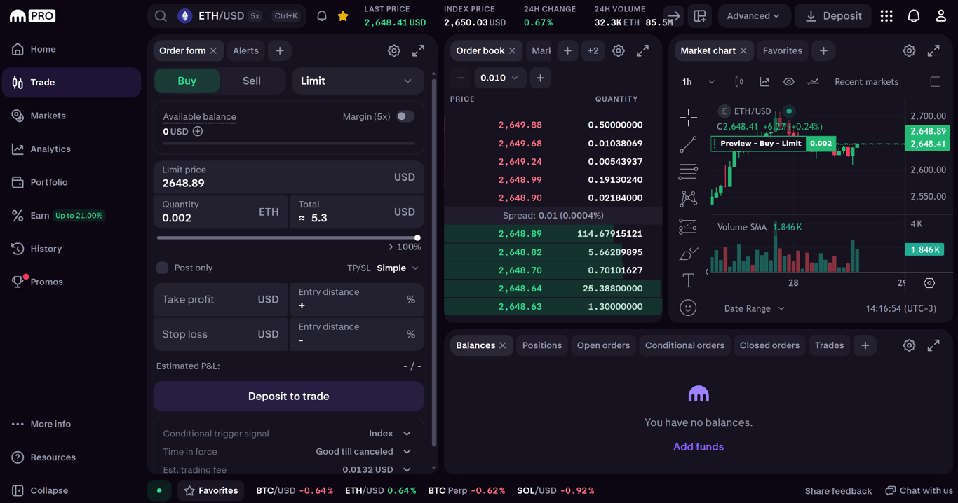 Kraken Pro trading interface showing ETH/USD pair with candlestick chart, order book depth, and trading panel for advanced crypto traders