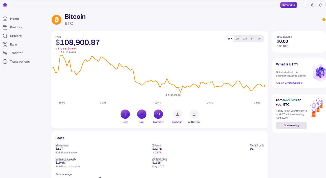 Kraken exchange trading screen showing Bitcoin (BTC) price chart, order form, and simplified interface for buying and selling crypto