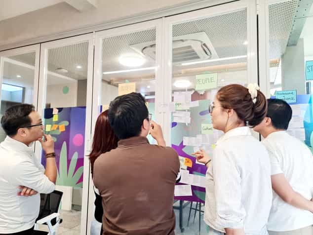 Nhóm học viên thảo luận bên bảng kính