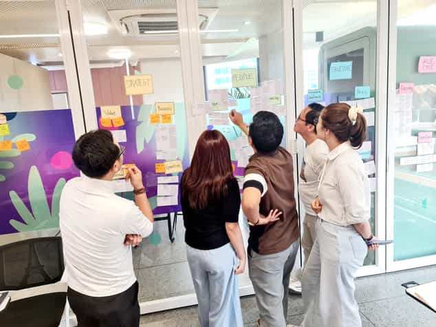 Học viên đứng trao đổi trước tường dán giấy note