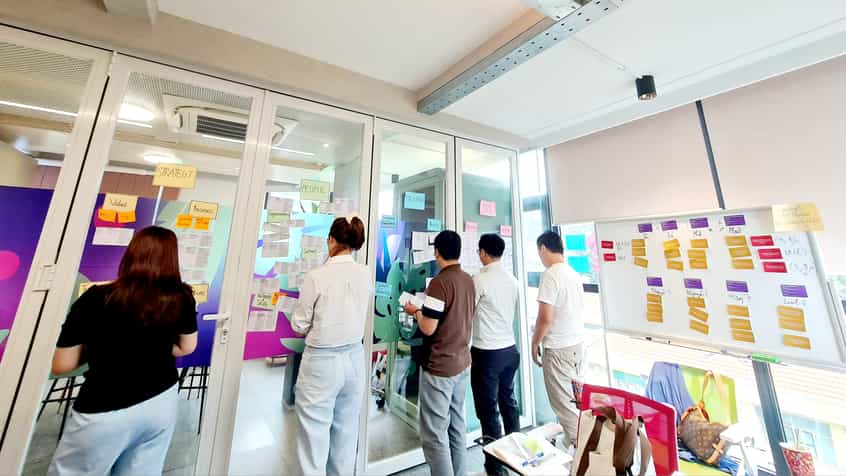Học viên làm việc trên các bảng note dọc tường