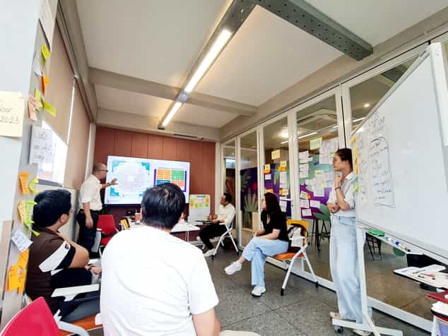 Trainer giảng bài trước lớp, màn hình chiếu sơ đồ