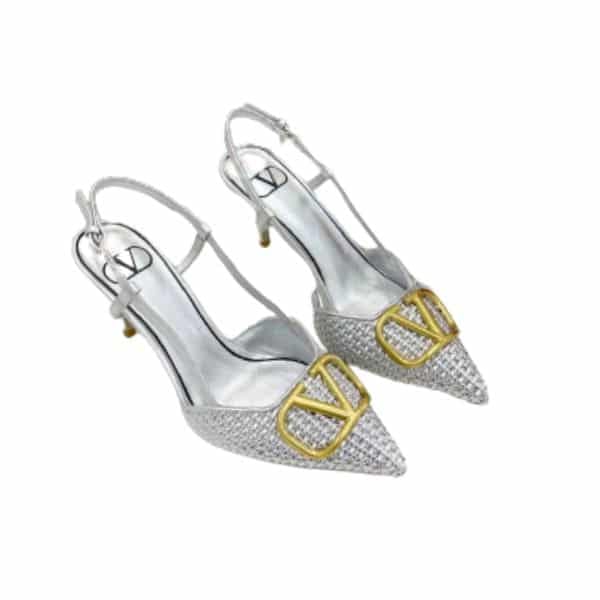 Valentino Garavani Vlogo Woven Leather Slingback Pumps Silver view 2